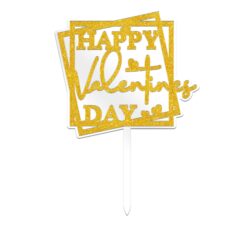 Happy Valentine’s Day Double Layer Acrylic Cake Topper Size – 4 inches, Color – Gold Glitter on White