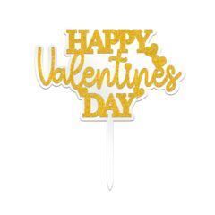 Happy Valentine’s Day Double Layer Acrylic Cake Topper Size – 4 inches, Color – Gold Glitter on White