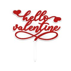 Hello Valentine Double Layer Acrylic Cake Topper Size – 4 inches, Color – Red Glitter on White