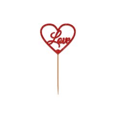 Love with Heart Glitter Tags with Toothpick, Pack of 10, Size – 3 inches, Color – Red Glitter