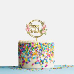 Happy Birthday Acrylic Cake Topper Frame Floral, Size – Medium