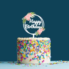 Happy Birthday Acrylic Cake Topper Frame Floral, Size – Medium